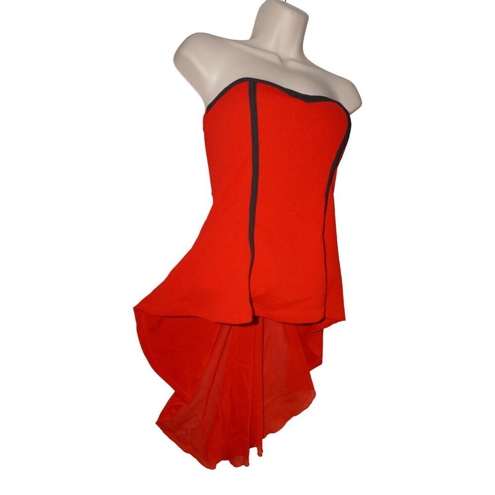 Y2K Red Strapless Corset Peplum Top High Low Hem Burlesque Coquette M - Picture 5 of 14